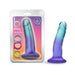 The Morning Dew Small 5 Inch Dildo with Suction Cup - Blue, shown in and out of its colorful packaging, features a blue and purple design, realistic feel, body-safe phthalate-free material, and is strap-on harness compatible.