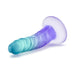 The Morning Dew Small 5 Inch Dildo with Suction Cup - Blue is a beginner-friendly, realistic silicone dildo with a teal-to-purple gradient, flared base, translucent suction cup, and is strap-on harness compatible.