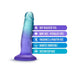 The Morning Dew Small 5 Inch Dildo with Suction Cup - Blue is shown alongside icons and text: soft realistic feel, body safe phthalate free, fragrance and paraffin free, harness compatible, suction cup base—perfect for beginners.