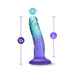 The Morning Dew Small 5 Inch Dildo with Suction Cup - Blue, featuring a gradient blue and purple realistic shape and harness compatibility, is displayed on a white background with measurement labels. Ideal for beginners.