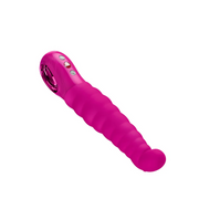 Pink flexible silicone vibrator with a curved G-spot tip, rippled texture, and control panel.