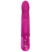 Fuchsia silicone thrusting rabbit vibrator with ergonomic design, loop handle, and dual controls.
