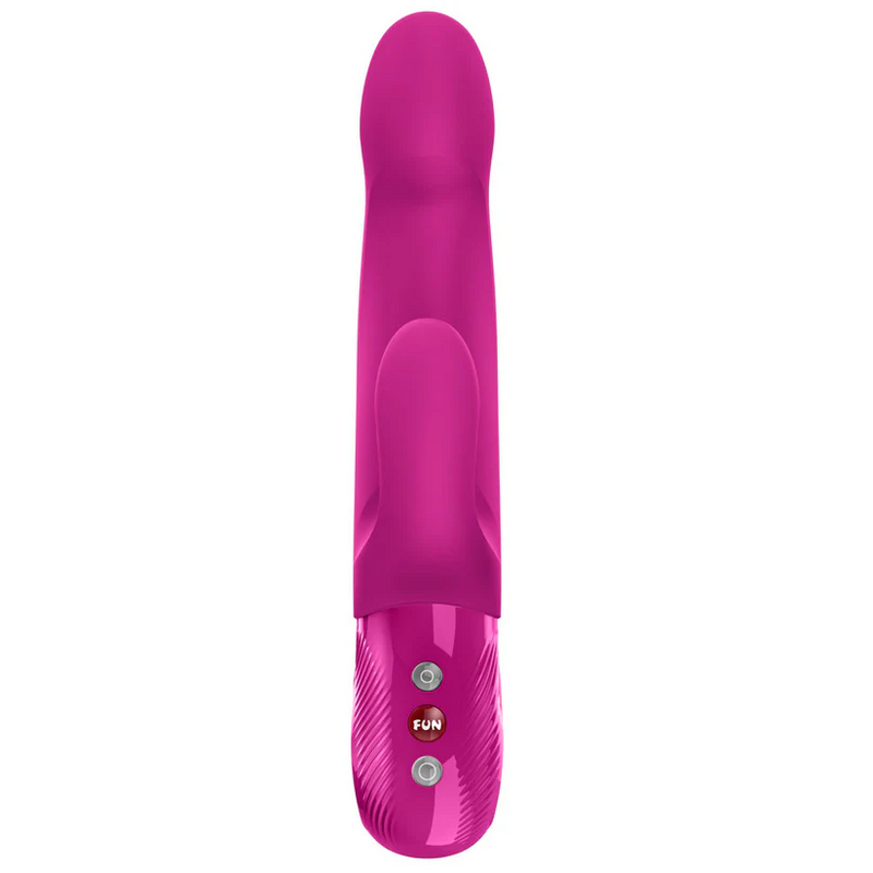 Fuchsia silicone thrusting rabbit vibrator with ergonomic design, loop handle, and dual controls.
