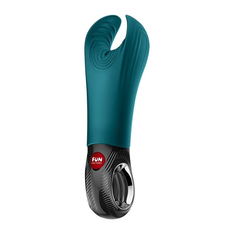 Teal silicone Fun Factory Manta vibrating penis stroker with black base and silver ring handle.