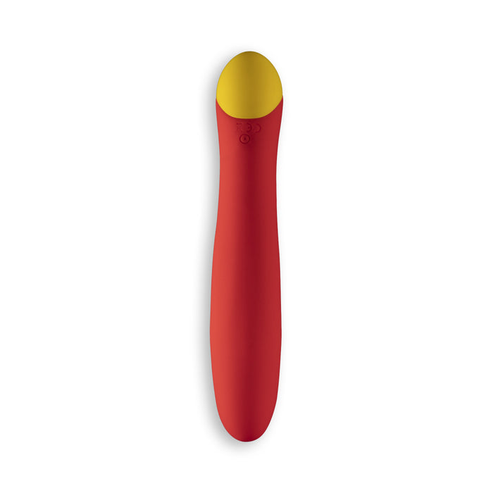 The Romp Hype Rechargeable Silicone G-Spot Vibrator features a red body with a yellow, rounded tip, designed for g-spot exploration and shown against a white background.