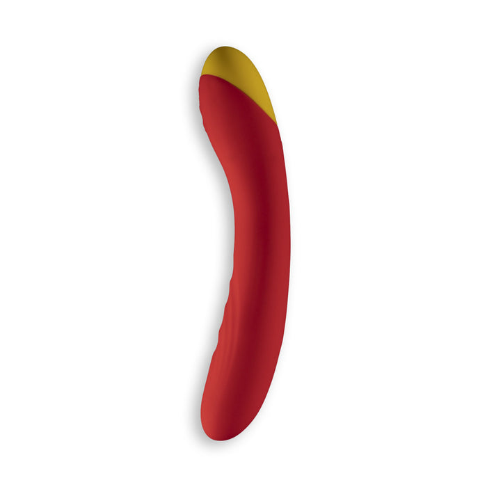 The Romp Hype Rechargeable Silicone G-Spot Vibrator is a curved, red and yellow vibrator with a smooth texture, designed for g-spot exploration and shown on a white background.