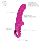 Pink silicone G-spot vibrator with ribbed texture, curved tip, flexible shaft, and loop handle.