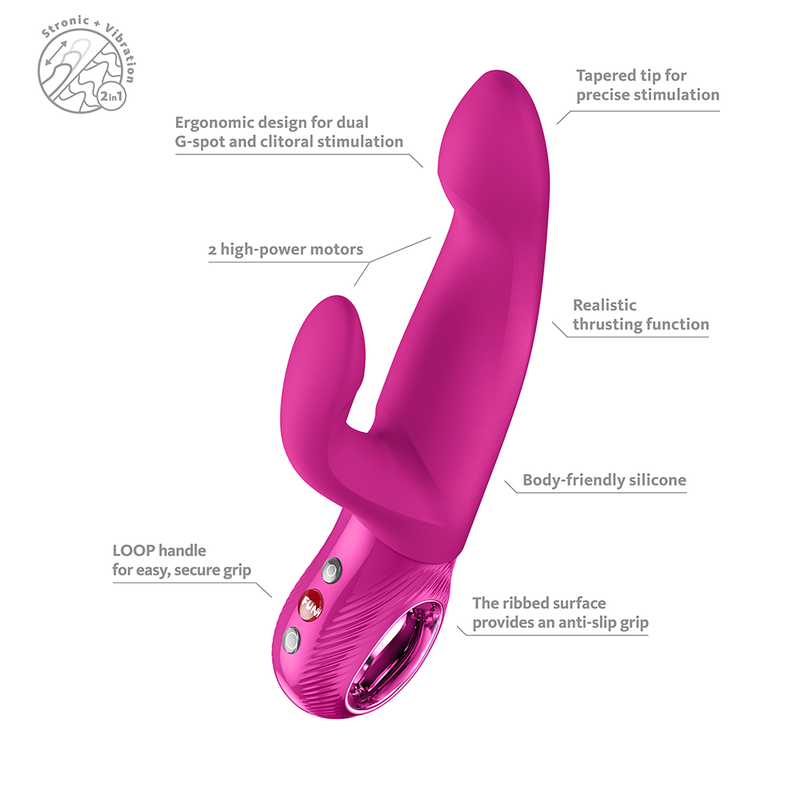 Pink silicone rabbit vibrator with tapered tip, ergonomic design, loop handle, and control buttons.
