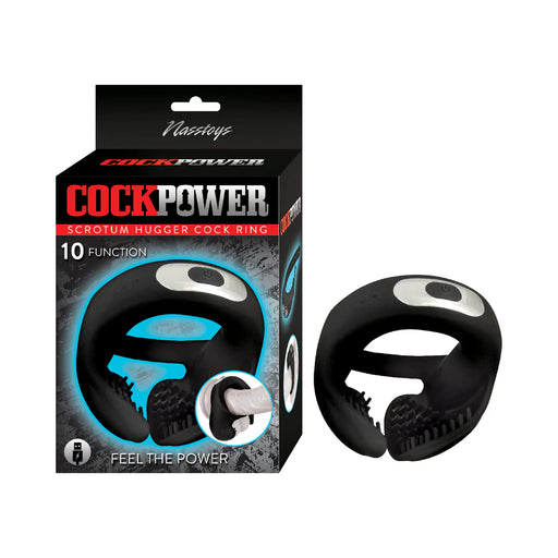 A waterproof, black vibrating cock ring with textured inner surfaces is displayed beside its packaging labeled "Cockpower Scrotum Hugger Vibrating Black Cock Ring," featuring product images and branding on the box.
