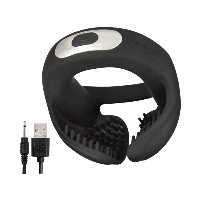 The Cockpower Scrotum Hugger Vibrating Black Cock Ring features a black U-shaped design with textured inner surfaces, a silver power button, and comes with a USB charging cable. This waterproof ring offers enhanced pleasure and convenience.