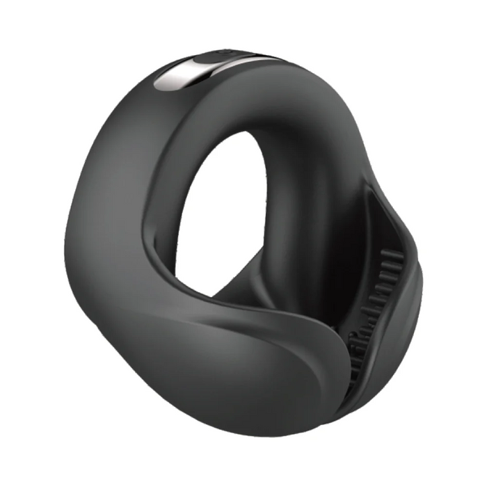 The Cockpower Scrotum Hugger Vibrating Black Cock Ring, made of smooth black silicone with an open oval shape and textured inner surface, is shown on a white background.