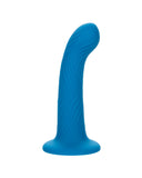 A blue Wave Rider Ripple First Time G-Spot and Prostate Silicone Dildo with a wavy texture and a curved shape standing upright on a flat base, isolated on a white background.