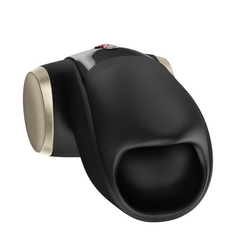 Black silicone Fun Factory Cobra Libre II penis head vibrator with gold accents and red power button.
