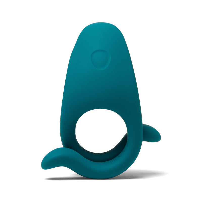The Dame Hug Adjustable Vibrating Cock Ring for Couples is a teal silicone ring shaped like a whale, with a circular bottom opening and two fin-like side extensions, shown against a white background.