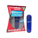 The Screaming O Powerful Rumbly Rechargeable Blue Bullet Vibrator stands next to its red and clear "Rechargeable Bullets" packaging, which highlights product details and waterproof icons at the bottom.