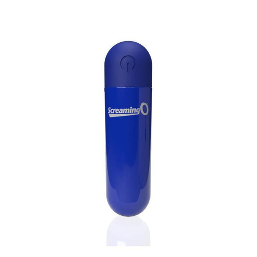 The Screaming O Powerful Rumbly Rechargeable Blue Bullet Vibrator is a small, blue, cylindrical vibrator with a rounded top and white "Screaming O" text, standing upright against a white background. It's waterproof for versatile use.