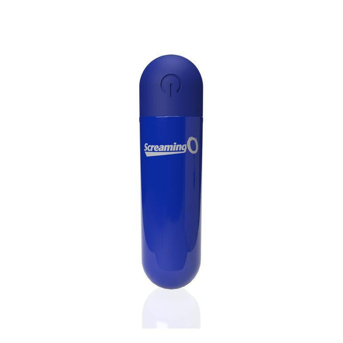 The Screaming O Powerful Rumbly Rechargeable Blue Bullet Vibrator is a small, blue, cylindrical vibrator with a rounded top and white "Screaming O" text, standing upright against a white background. It's waterproof for versatile use.