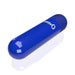 A blue, cylindrical waterproof case with a rounded end features the "Swim O" logo and is designed to hold the Screaming O Powerful Rumbly Rechargeable Blue Bullet Vibrator, shown against a white background.