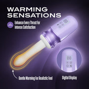 Violet Vixen purple warming thrusting vibrator with a white shaft, digital display, and suction mount.