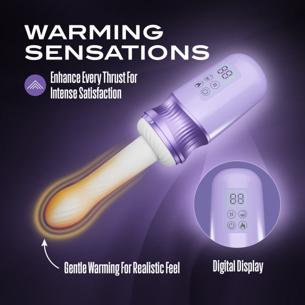Violet Vixen purple warming thrusting vibrator with a white shaft, digital display, and suction mount.