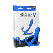 The Aneros Helix SYN V Blue Vibrating Hands-Free Prostate Stimulator (Special Edition) is shown in front of its packaging, which highlights the hands-free design and bold blue and black branding.