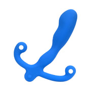 The Aneros Helix SYN V Blue Vibrating Hands-Free Prostate Stimulator (Special Edition) features a curved silicone shaft and dual finger-like arms with circular holes for secure, hands-free use.