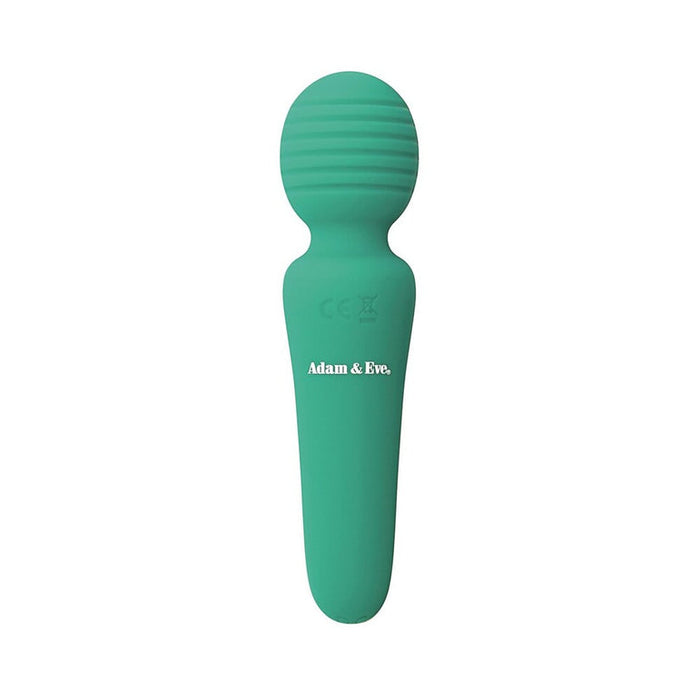 The Petite Private Pleasure Waterproof Silicone Wand Vibrator is a green silicone massager with a ribbed, rounded head and "Adam & Eve" logo on the handle, compact and beginner-friendly. Shown against a white background.