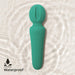 The Petite Private Pleasure Waterproof Silicone Wand Vibrator in teal has a textured, rounded silicone head—perfect for beginners. It’s shown with water ripples beneath it and a “waterproof” icon and label in the corner.