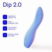 The Dame Dip Beginner's Internal & External Silicone Vibrator in Periwinkle features a soft curved tip, USB-C charging, low-battery indicator, and medical-grade silicone—perfect for beginners.