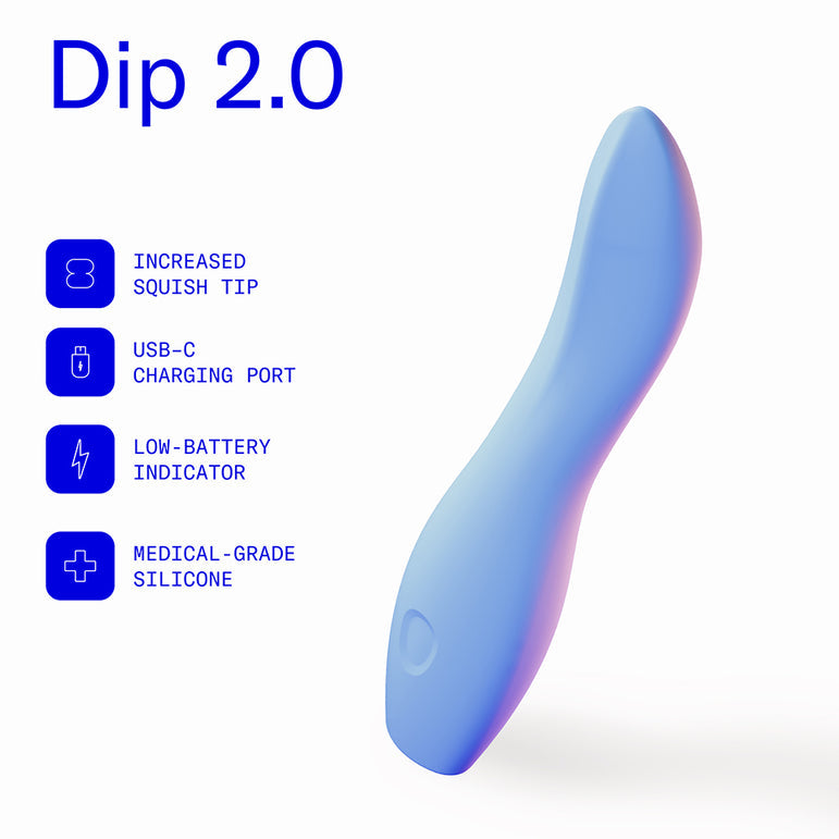 The Dame Dip Beginner's Internal & External Silicone Vibrator in Periwinkle features a soft curved tip, USB-C charging, low-battery indicator, and medical-grade silicone—perfect for beginners.