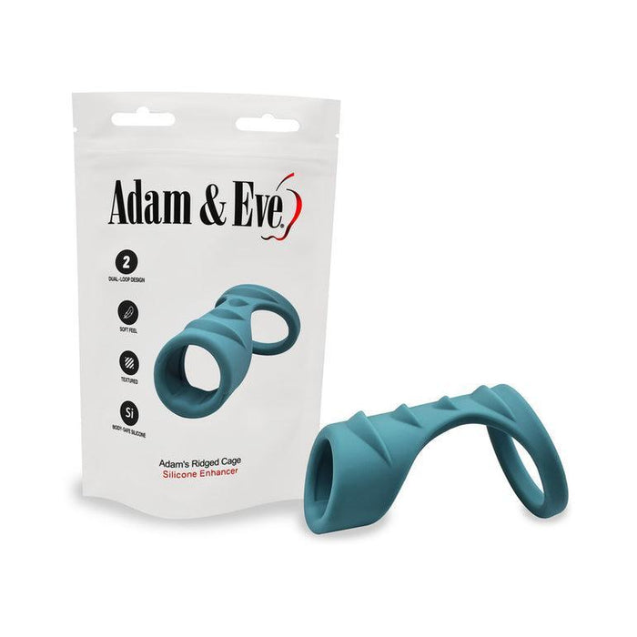 The Adam & Eve Ridged Cock Cage with Shaft Support, a teal stretchy silicone ring with ridges, is pictured in front of white packaging showing product details and an image matching the item.