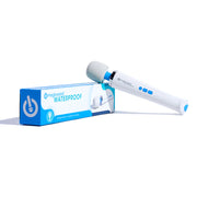 The Magic Wand Waterproof Rechargeable Cordless Vibrator, shown next to its blue and white box, features a white handheld design with a rounded head and simple control buttons on the handle.