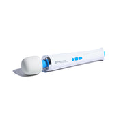 A white and blue Magic Wand Waterproof Rechargeable Cordless Vibrator lies on a white background, featuring blue control buttons on the handle for easy use.