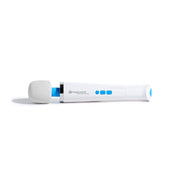 The Magic Wand Waterproof Rechargeable Cordless Vibrator is a white handheld massager with a rounded head, blue buttons, and a blue accent near the head, shown on a white background.