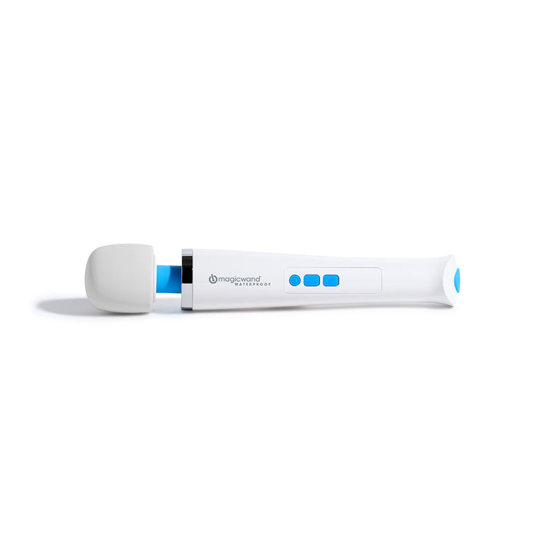 The Magic Wand Waterproof Rechargeable Cordless Vibrator is a white handheld massager with a rounded head, blue buttons, and a blue accent near the head, shown on a white background.