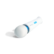 The Magic Wand Waterproof Rechargeable Cordless Vibrator is a white handheld massager with a rounded head and blue accents, shown lying on a white background.