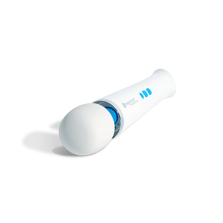 The Magic Wand Waterproof Rechargeable Cordless Vibrator is a white handheld massager with a rounded head and blue accents, shown lying on a white background.