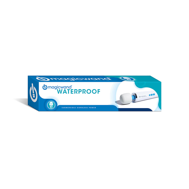 A rectangular blue and white box labeled "Magic Wand Waterproof Rechargeable Cordless Vibrator" displays the powerful wand's image on the right and product details on the left.