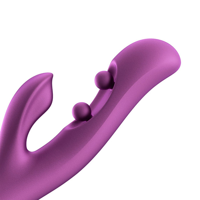 Close-up of the Gem Pressure Sensing App-Controlled Twin Balls Rabbit (Damaged Box), featuring a curved purple design, smooth surface, split end with a pointed tip, and twin ball movement against a white background.