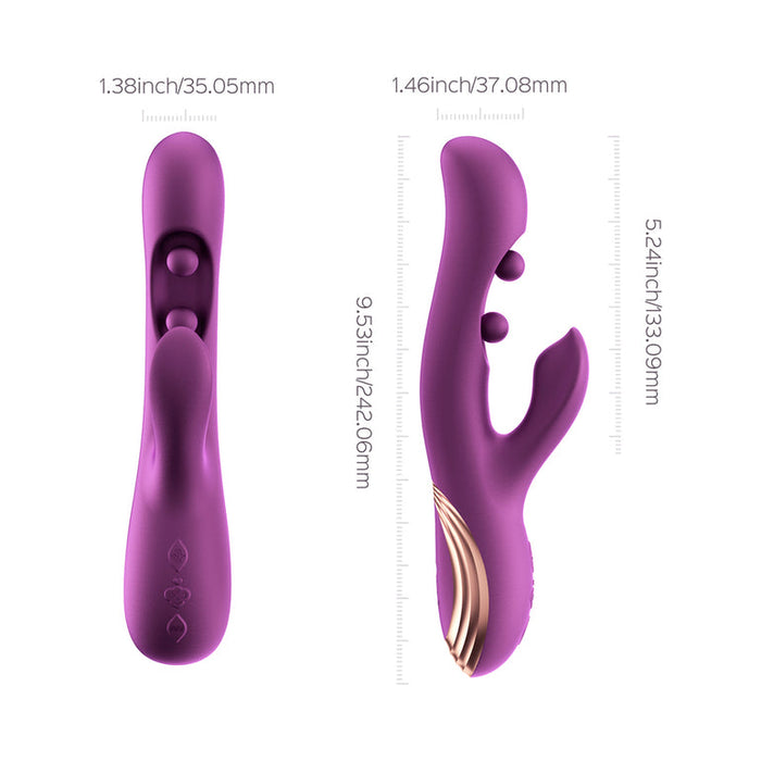 Gem Pressure Sensing App-Controlled Twin Balls Rabbit (Damaged Box) shown from top and side views; purple silicone, dual-motor rabbit vibe with control buttons, curved design, measurements: 9.53"L x 1.38"W x 1.46" thick.