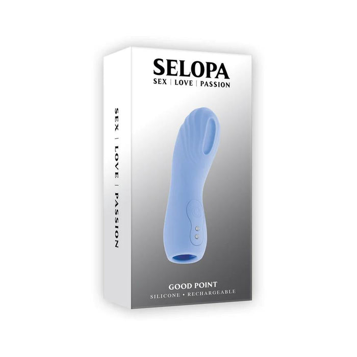 The "Good Point G Spot Finger Vibrator" box displays a blue, waterproof vibrator with a rechargeable design, flexible textured ridges, and control buttons. It features the tagline "Sex | Love | Passion," highlighting its suitability for g-spot pleasure.