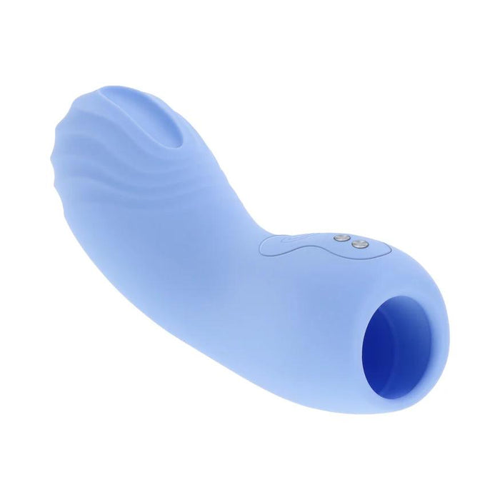 The Good Point G Spot Finger Vibrator, a blue silicone massager with a curved design and ribbed texture, promises g-spot pleasure. It has three side control buttons, a rounded front opening, and functions as a waterproof vibrator for versatile use.