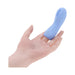 A hand holds the Good Point G Spot Finger Vibrator, a blue silicone device with a curved design and control buttons. This compact vibrator fits comfortably on the index finger and has a textured tip for g-spot pleasure and enhanced sensations.