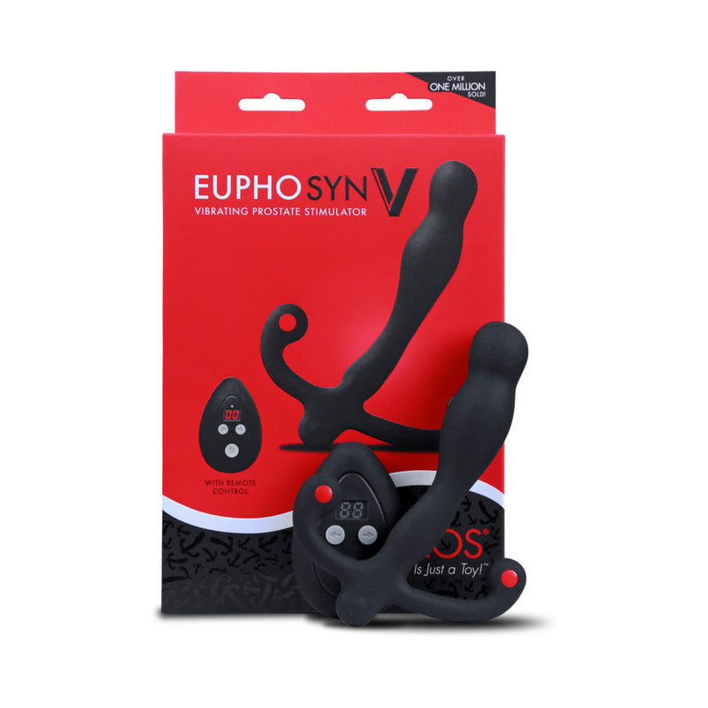The Aneros Eupho Syn V Vibrating Silicone Prostate Massager with Remote is shown in front of its red and black box, labeled "EUPHO SYN V" and highlighting customizable vibration patterns, product image, and description.