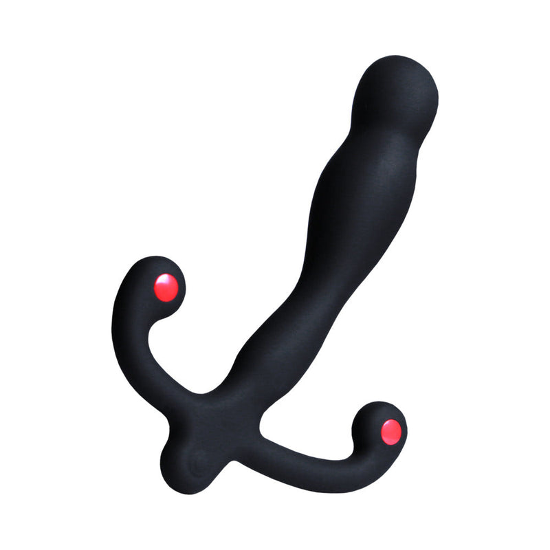The Aneros Eupho Syn V is a black, curved silicone prostate massager featuring three red-accented arms, powerful vibration patterns, and a wireless remote control, as shown in a photo on a white background.