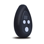 The Aneros Eupho Syn V Vibrating Silicone Prostate Massager's small, black, oval remote features a digital display and four white buttons—arrows, plus sign, and power—for adjusting vibration patterns; shown against a white background.