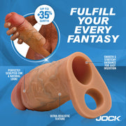 The Jock Girthy Open Ended Silicone Penis Sleeve - Medium is shown in a realistic flesh tone, with lifelike veins, ultra-realistic texture, natural sculpting, a smooth stretchy entrance, and up to 35% girth increase. Brand: Jock.