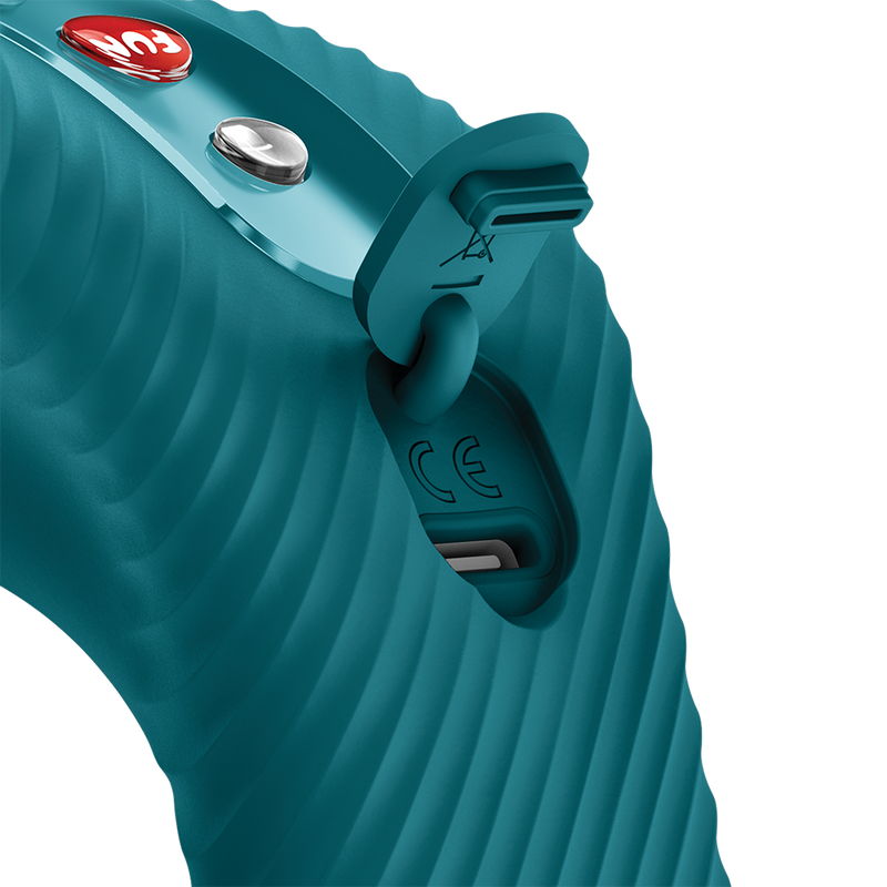 Close-up of a teal silicone vibrator with a ribbed texture, showing the charging port and control buttons.