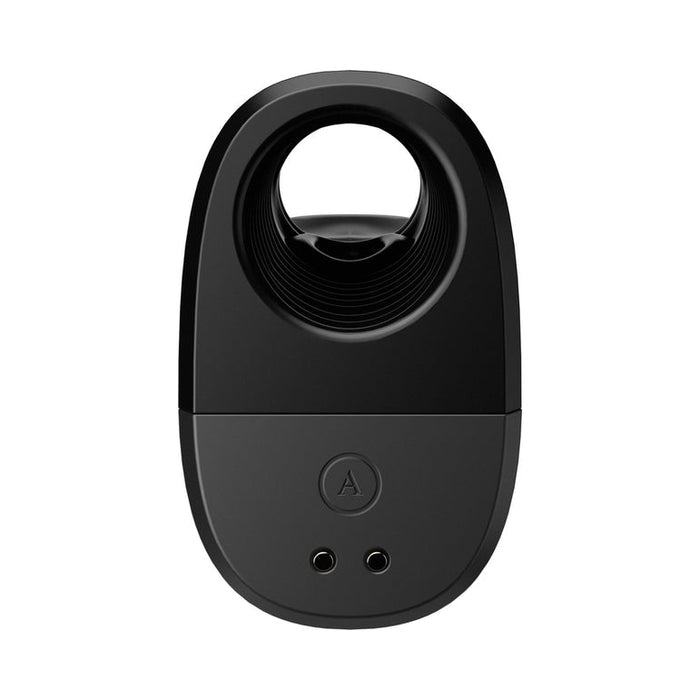 A black, oval-shaped Arcwave Ion 2 Penis Masturbator with Pleasure Air Suction is shown against a white background, featuring a circular opening at the top and two small holes near the bottom in its sleek handheld design.