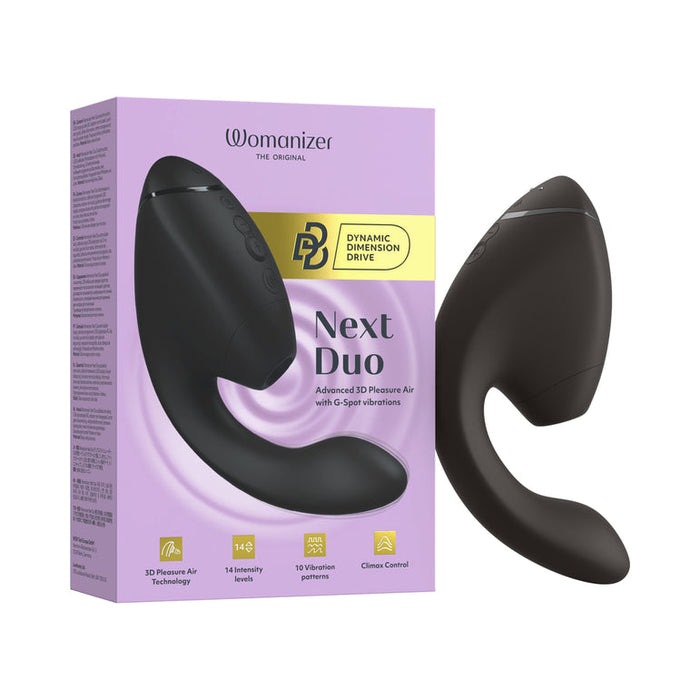 A Womanizer Next Duo Pleasure Air + Vibration Blended Orgasm Stimulator in black sits next to its yellow and purple box, which showcases 3D Pleasure Air Technology, 14 intensity levels, and 10 vibration patterns.